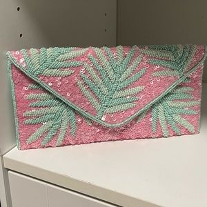 From St Xavier Capri Palm Fronds Beaded Convertible Clutch, Pastel Pink/Green